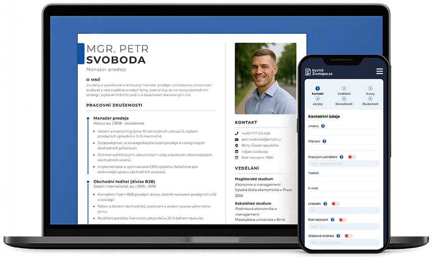 Obrázok notebooku a mobilu so zobrazeným životopisom